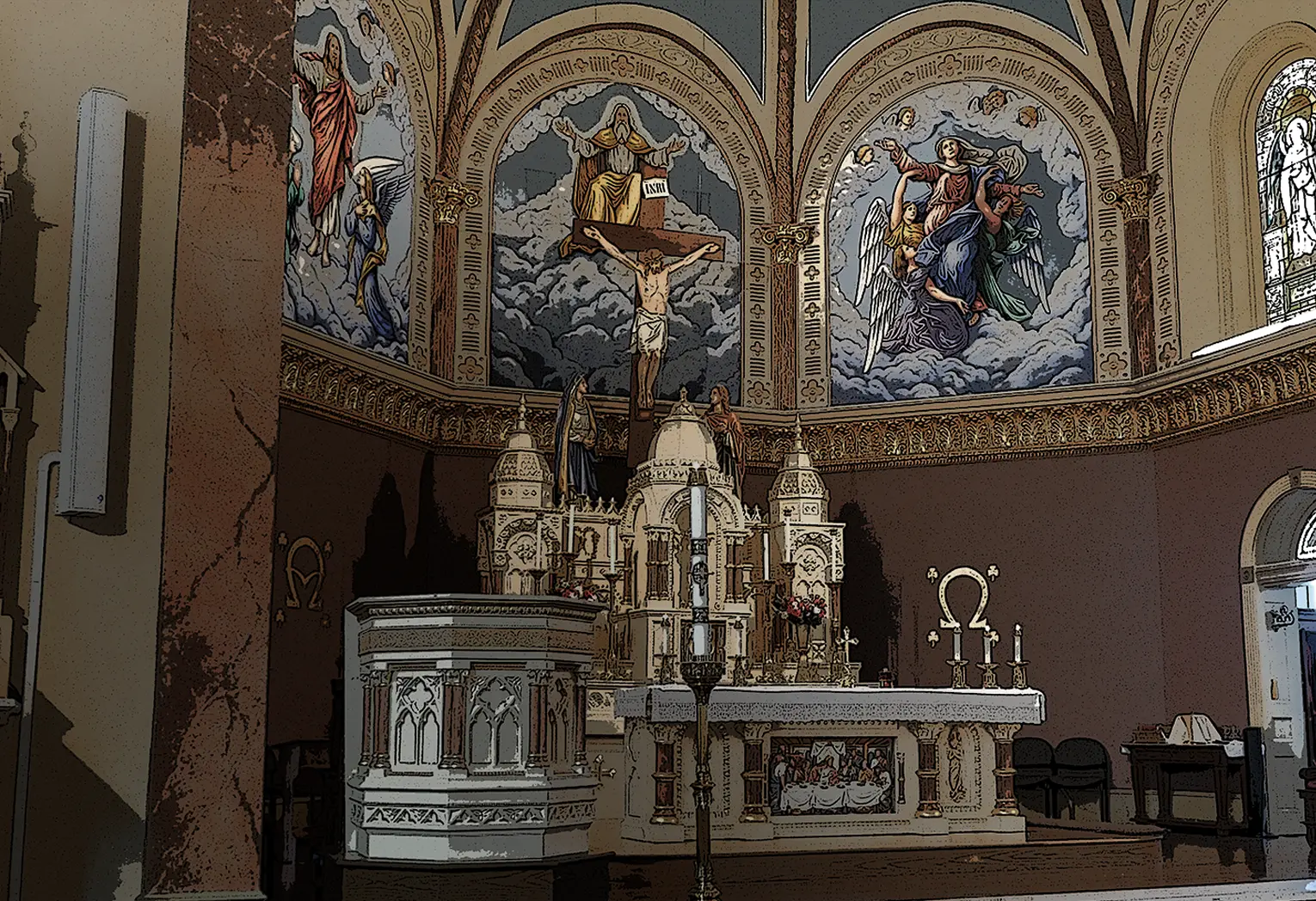 Photograph of the altar, tabernacle and sacred art murals of Saint Patrick's Church located in Parsons Kansas