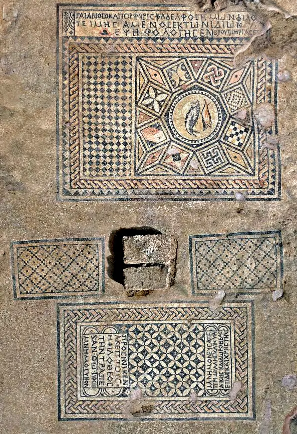 Pictured here is the Megiddo Mosaic which stands as the earliest-evidence-of-a Christian chapel with the Eucharistic altar and inscription acknowledging Jesus as God